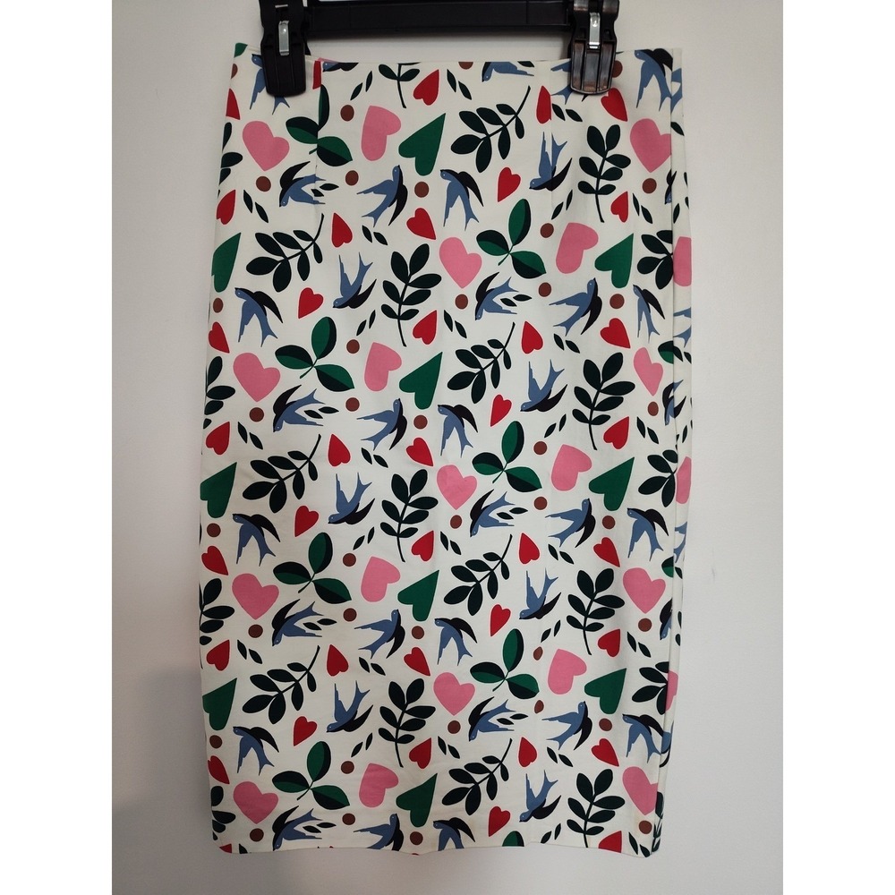 Boden Womens Bird Heart Print Pencil Skirt White Blue Pink Cotton US 8L T0015